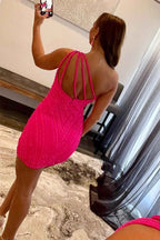 Glitter Fuchsia One Shoulder Beaded Tight Homecoming Dress Bmbride