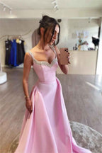 Pink Spaghetti Strap Sleeveless A Line Long Prom Dress With Beading