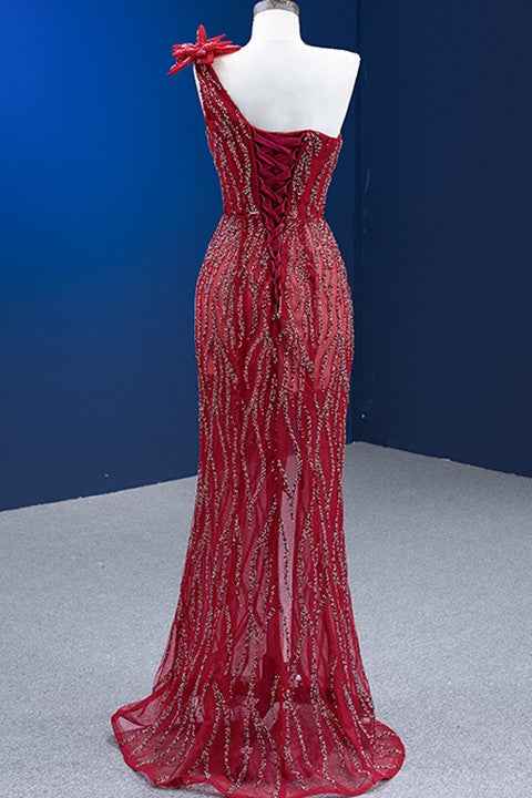 Red One Shoulder Mermaid Prom Dress Split With Ruffles Flower Appliques