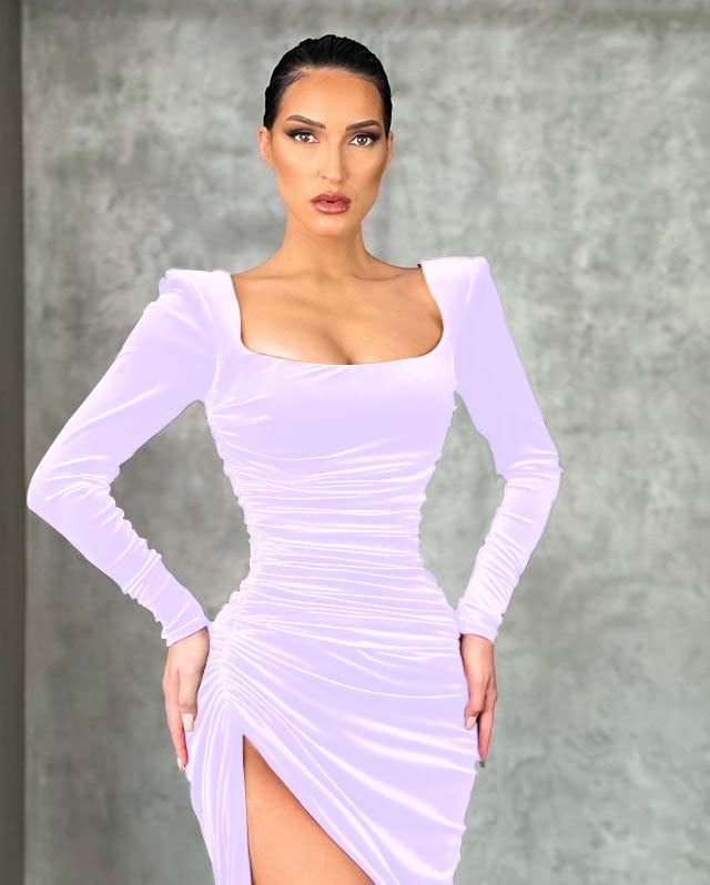 Mermaid Burgundy Long Sleeves Square Neck Prom Dress With High Split BMBRIDE