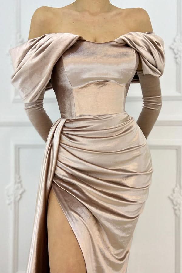 Off-the-Shoulder Long Sleeve Mermaid Prom Dress with Slit BM bride