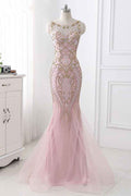 Pink Jewel Sleeveless Prom Dress Mermaid With Beading Rhinestone