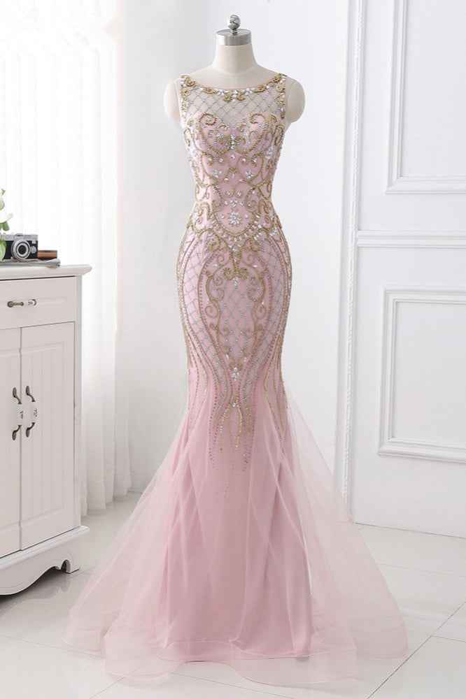 Pink Jewel Sleeveless Prom Dress Mermaid With Beading Rhinestone