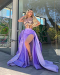 Purple Stunning Split Stain Sleeveless Pleated Prom Dress With Ruffles