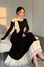 Black Long Sleeves Long Mermaid Prom Dress With Pleated Bowknot