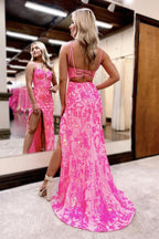 Radiant Coral V-Neck Sequins Long Prom Dress with Flowing Skirt BM bride