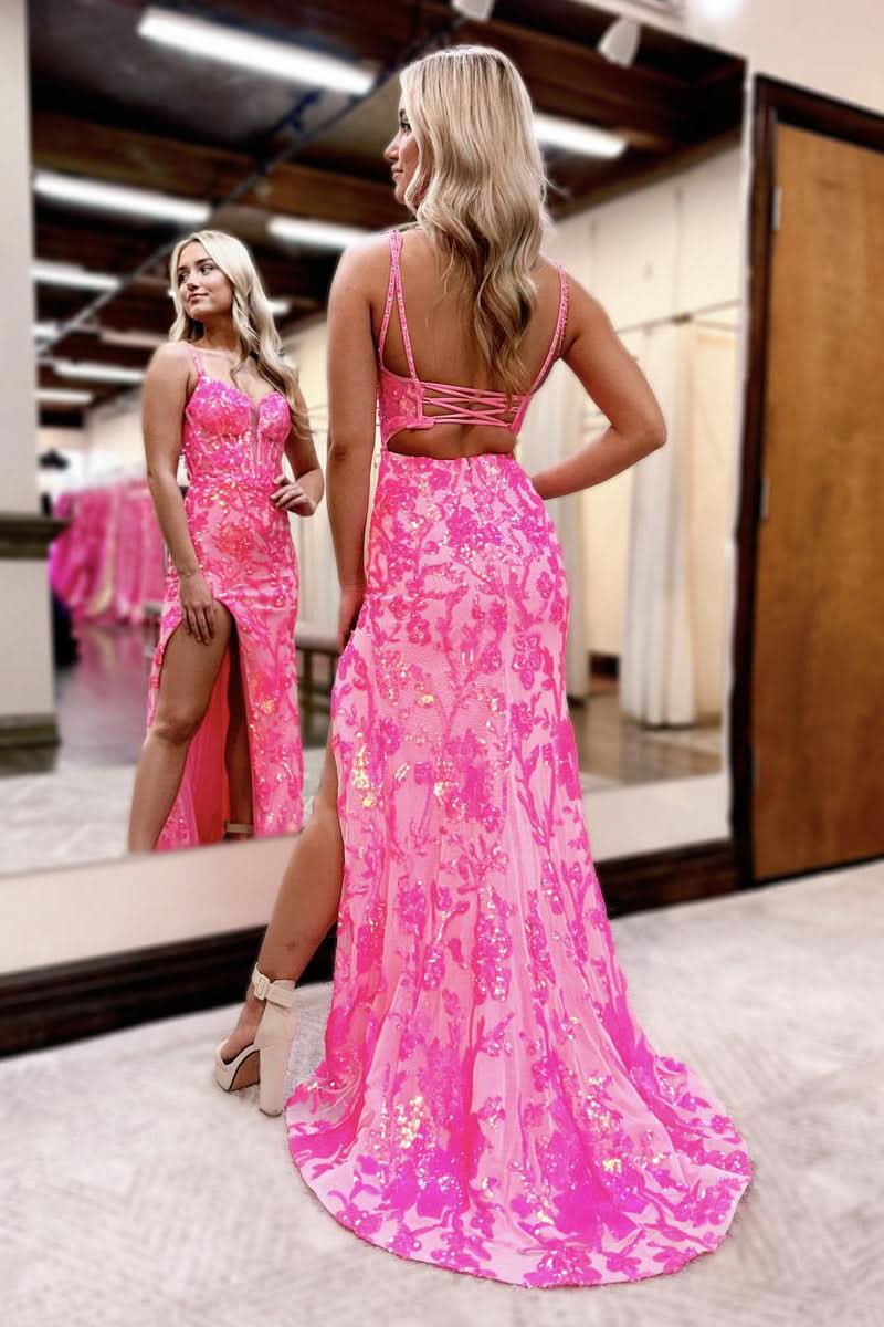 Radiant Coral V-Neck Sequins Long Prom Dress with Flowing Skirt BM bride