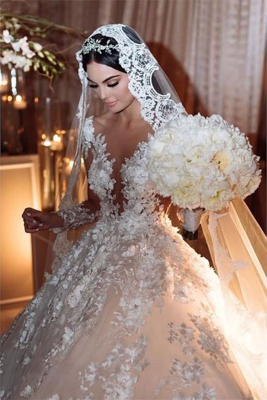 Bateau Long Sleeve Backless Floor-Length Princess Wedding Dress with Lace Appliques and Ruffles BM bride