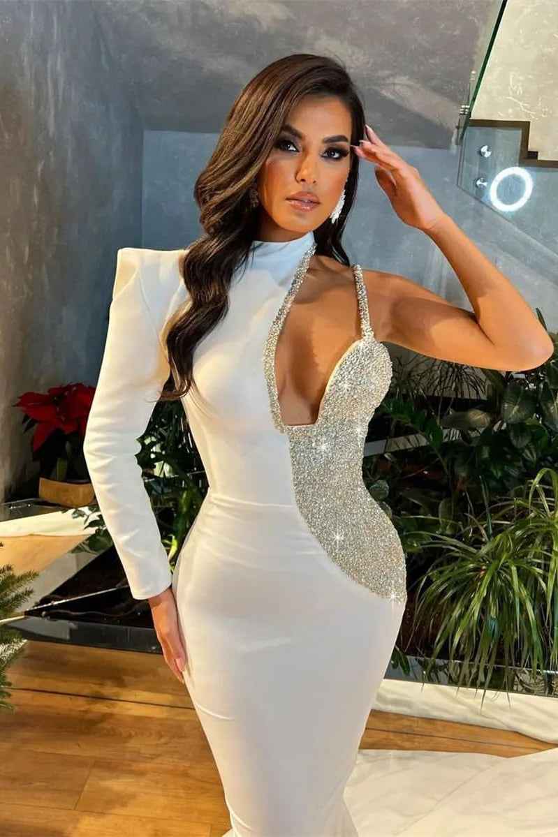 Exquisited White Satin High Neck One Shoulder Long Mermaid Prom Dress with Sequins