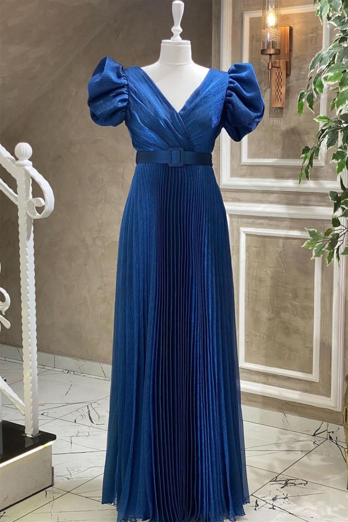 Royal Blue V-Neck Short Sleeve Evening Dress with Belt BM bride