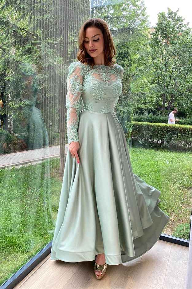 Dusty Sage Appliques Long Sleeves Prom Dress With Lace Split