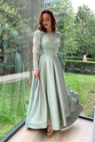 Dusty Sage Long Sleeve Evening Dress with Split and Lace BM bride