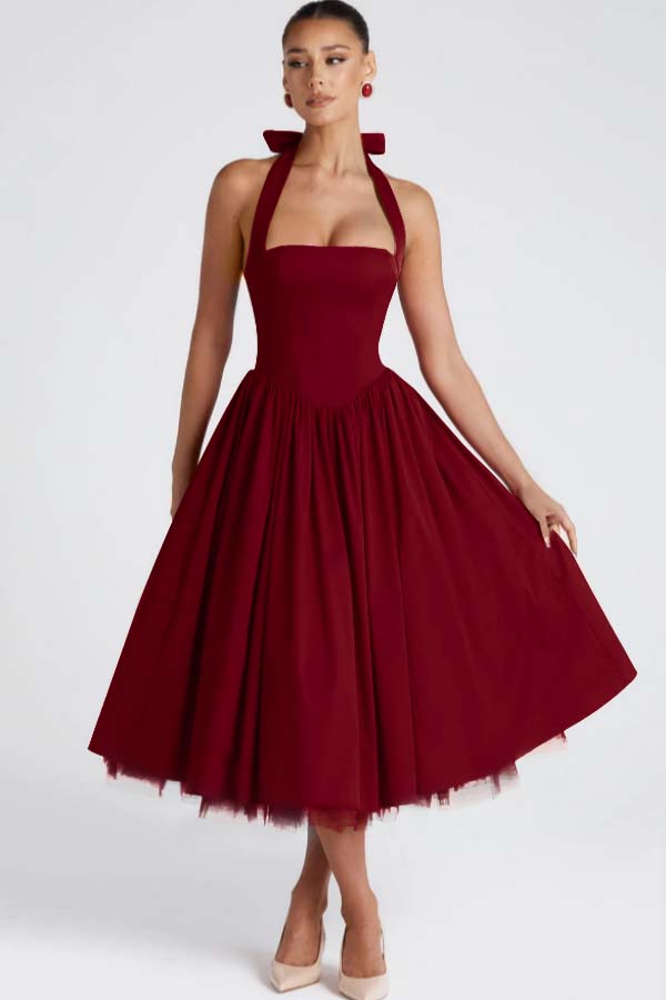 Halter Sleeveless Long A Line Prom Dress With Pleated Tulle BMBRIDE