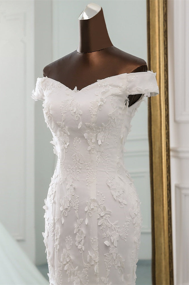 Off-the-Shoulder Mermaid Long Wedding Dress with Tulle Lace BM bride