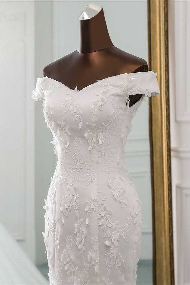 Off-the-Shoulder Mermaid Long Wedding Dress with Tulle Lace BM bride