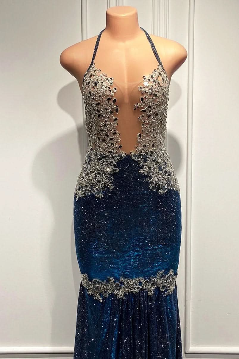 Blue Sequined Spaghetti-Straps Mermaid Long Prom Dress BM bride