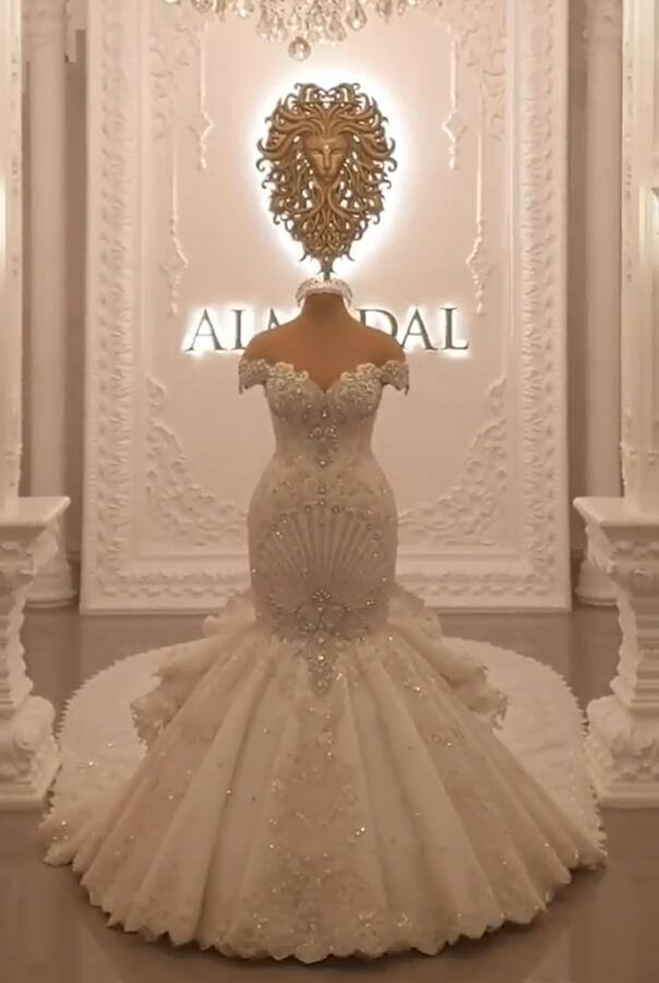 Off-the-Shoulder Floor-Length Backless Mermaid Wedding Dress with Crystal BM bride