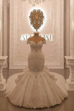 Off-the-Shoulder Floor-Length Backless Mermaid Wedding Dress with Crystal BM bride