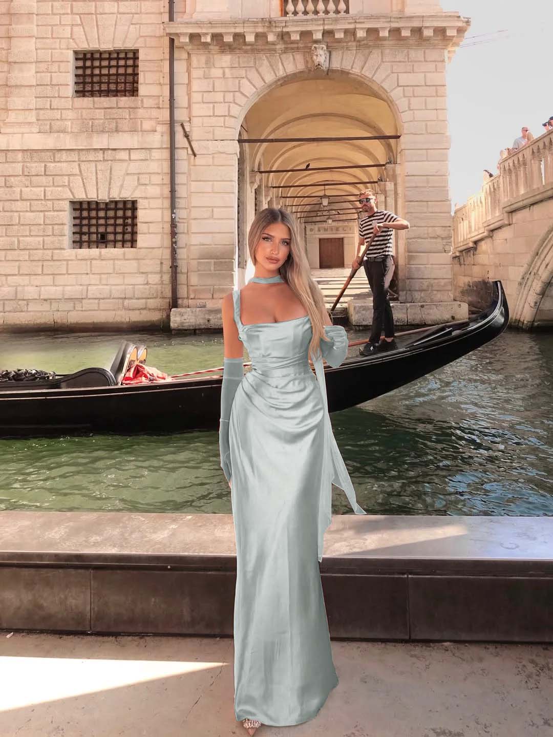 Spaghetti Strap Sleeveless Long Mermaid Prom Dress With Gloves BMBRIDE