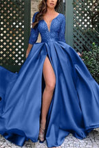Glamorous Deep V-Neck Satin Long Prom Dress with Split and Lace BM bride