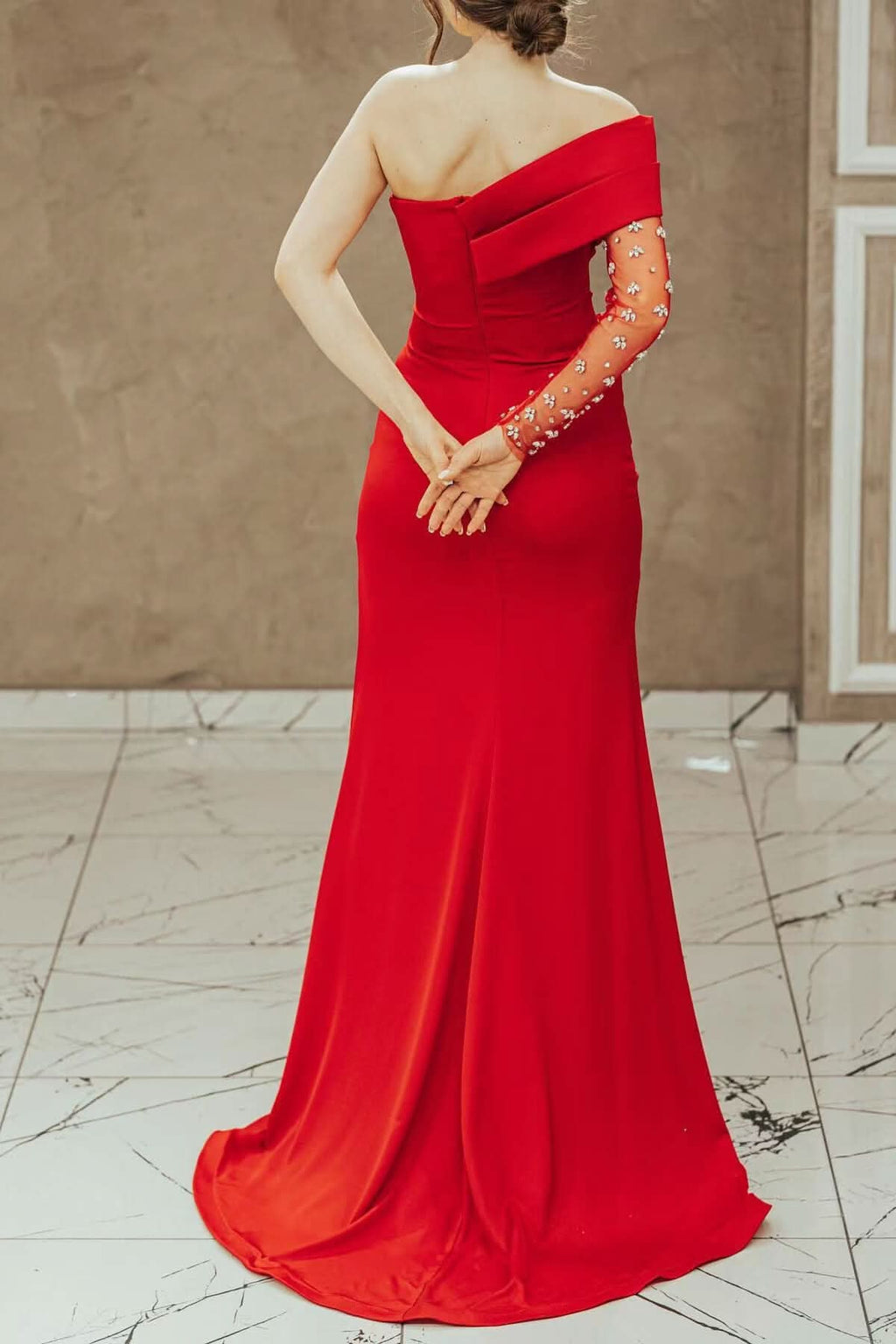 Red Long Sleeve One-Shoulder Mermaid Prom Dress with Split and Beading BM bride