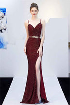 Dark Navy Sequins V Neck Sleeveless Spaghetti Strap Long Mermaid Prom Dress With Split