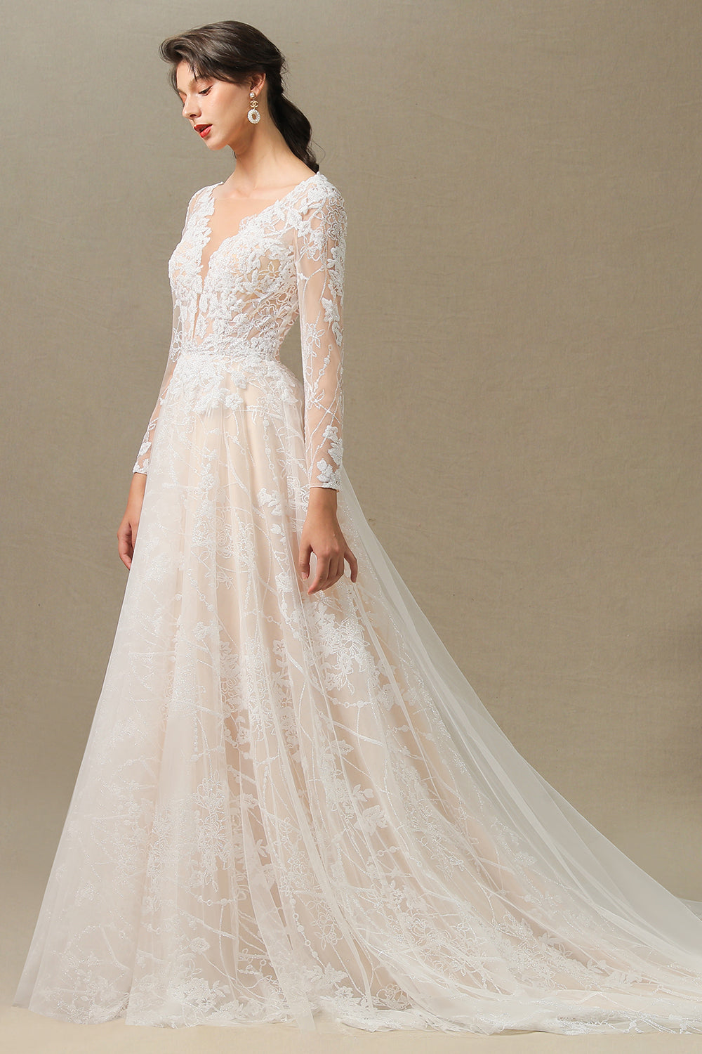 Sheer Long Sleeve A-Line Illusion Tulle Wedding Dress with Lace BM bride