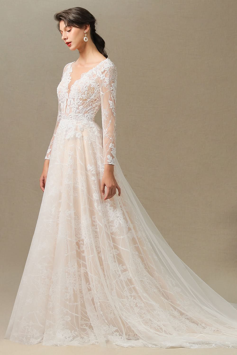 Sheer Long Sleeve A-Line Illusion Tulle Wedding Dress with Lace BM bride