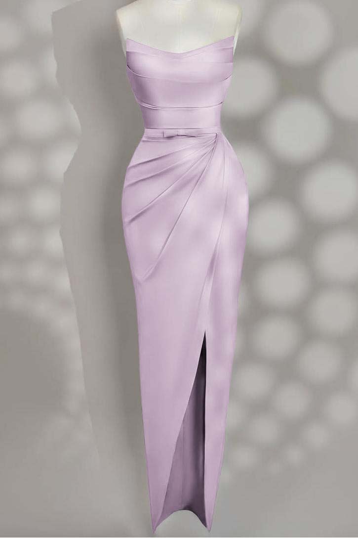 Strapless Sleeveless Long Split Prom Dress With Pleated Bowknot BMBRIDE