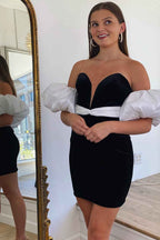 Black Detachable Sleeves Velvet Tight Short Homecoming Dress