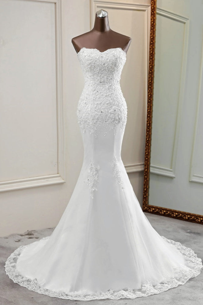 Strapless Lace Applique Long Mermaid Wedding Dress with Beading BM bride