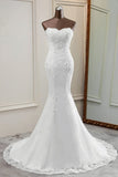 Strapless Lace Applique Long Mermaid Wedding Dress with Beading BM bride