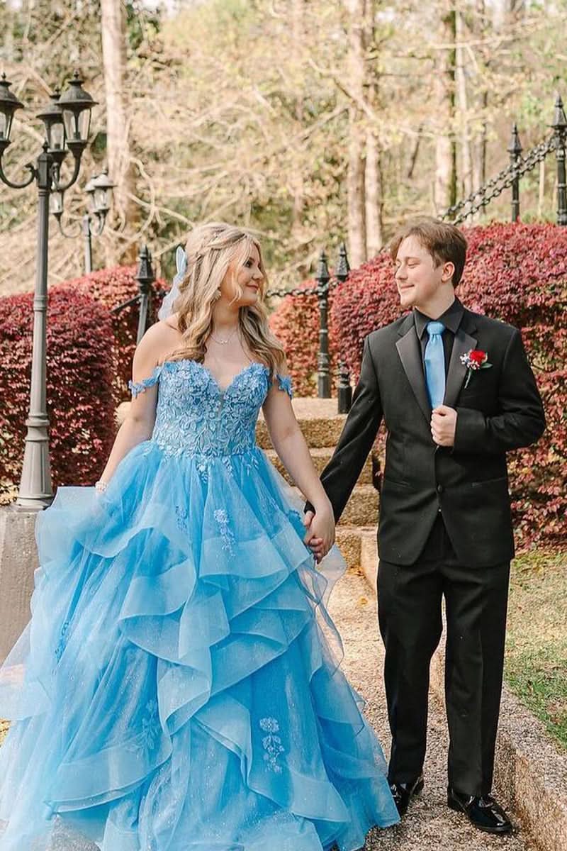 Enchanting Blue Off-the-Shoulder Ruffle Tiered Tulle Long Prom Dresses,Formal Dresses,Prom Gowns,Women Formal Gowns,Quincea?Era Dresses,Cocktail Dresses,Prom Dress Custom Size with Appliques BM bride