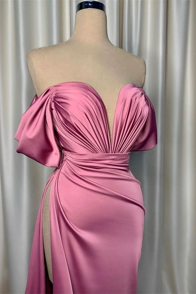 Elegant Pink Charmeuse V Neck Pleated Slit Evening Dress BM bride