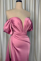 Elegant Pink Charmeuse V Neck Pleated Slit Evening Dress BM bride
