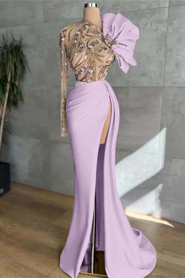 Long Sleeves Long Mermaid Prom Dress With High Split Appliques BMBRIDE