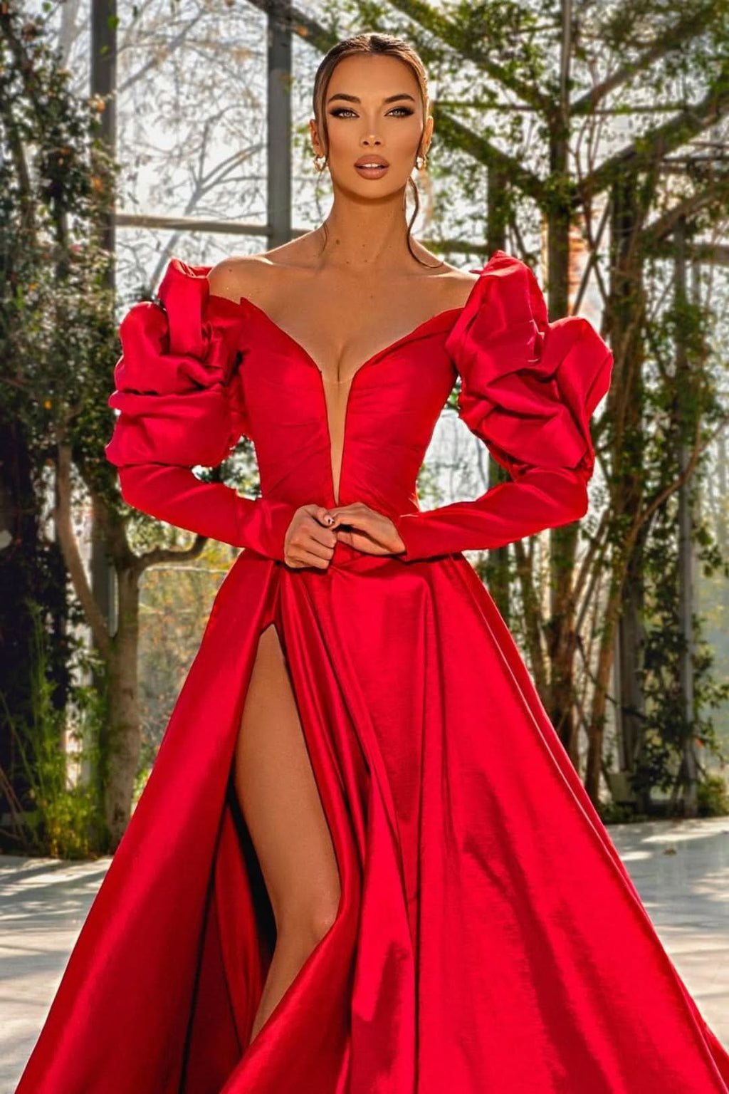 Sexy Red V Neck Bubble Sleeves Prom Dress with Slit BM bride
