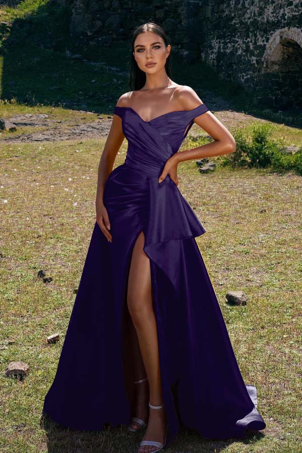 Chic Sleeveless Off the Shoulder Mermaid Pleated Prom Dress Red With Split
