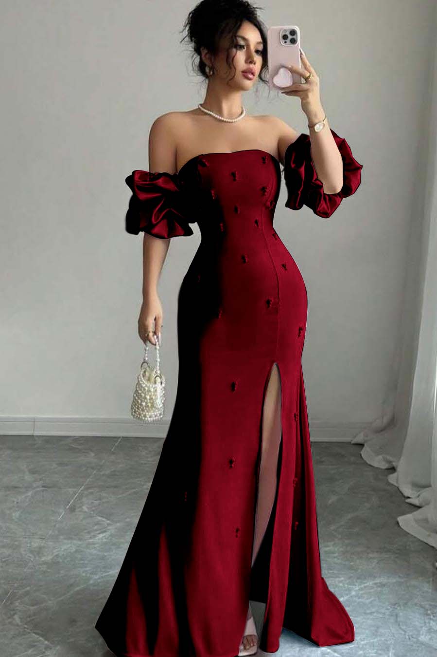 Strapless Bubble Sleeves Long Split Prom Dress With Beading BMBRIDE