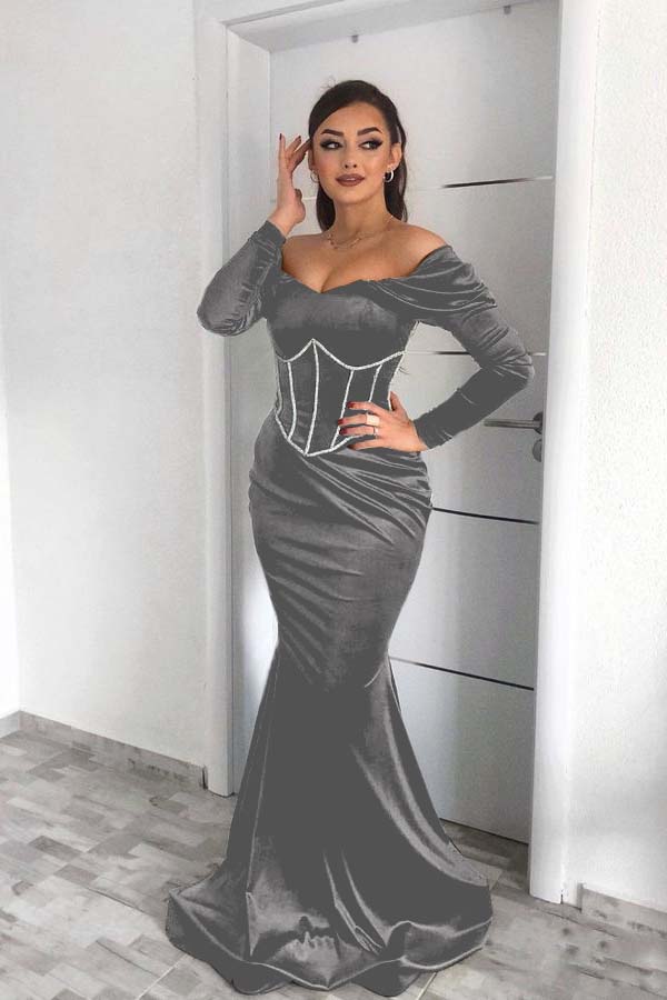 Off the Shoulder Prom Dress Dark Green Long Sleeves Mermaid BMBRIDE