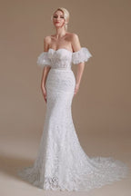 Long Mermaid Sweetheart Lace Wedding Dress with Detachable Sleeves BM bride