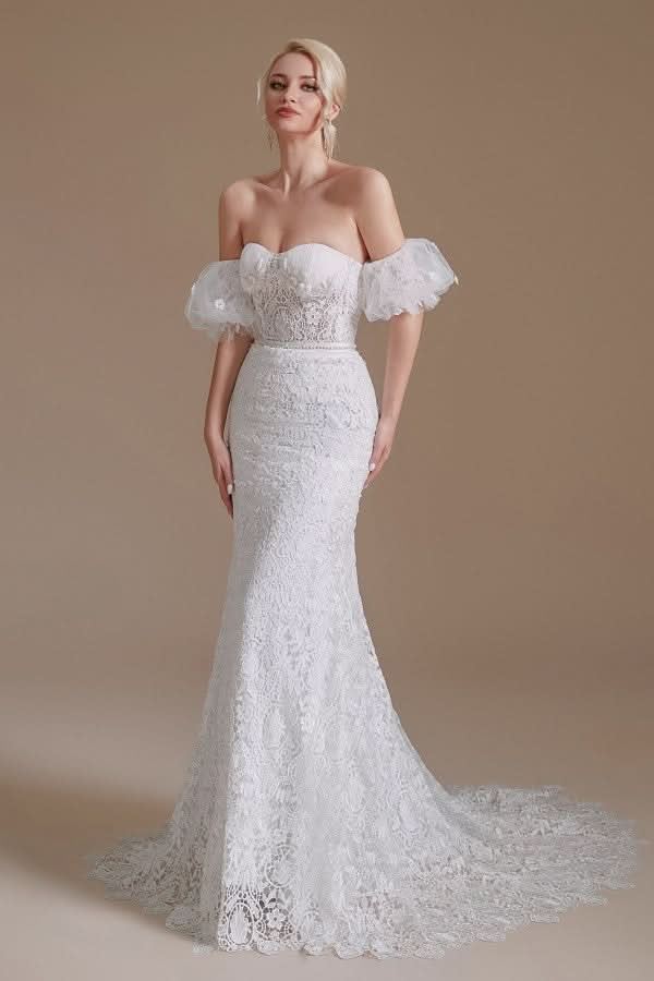 Long Mermaid Sweetheart Lace Wedding Dress with Detachable Sleeves BM bride