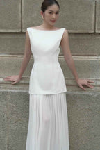 Charming White Backless Sleeveless Long Prom Dress With Pleated