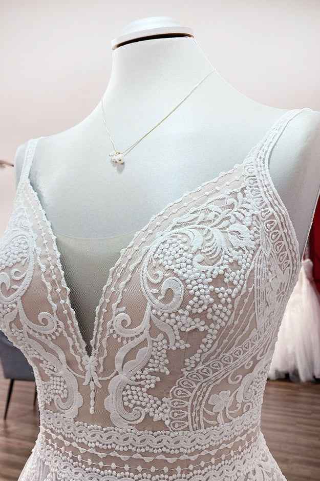 A-Line Wedding Dress with Ruffles, Open Back, and Tulle Lace BM bride