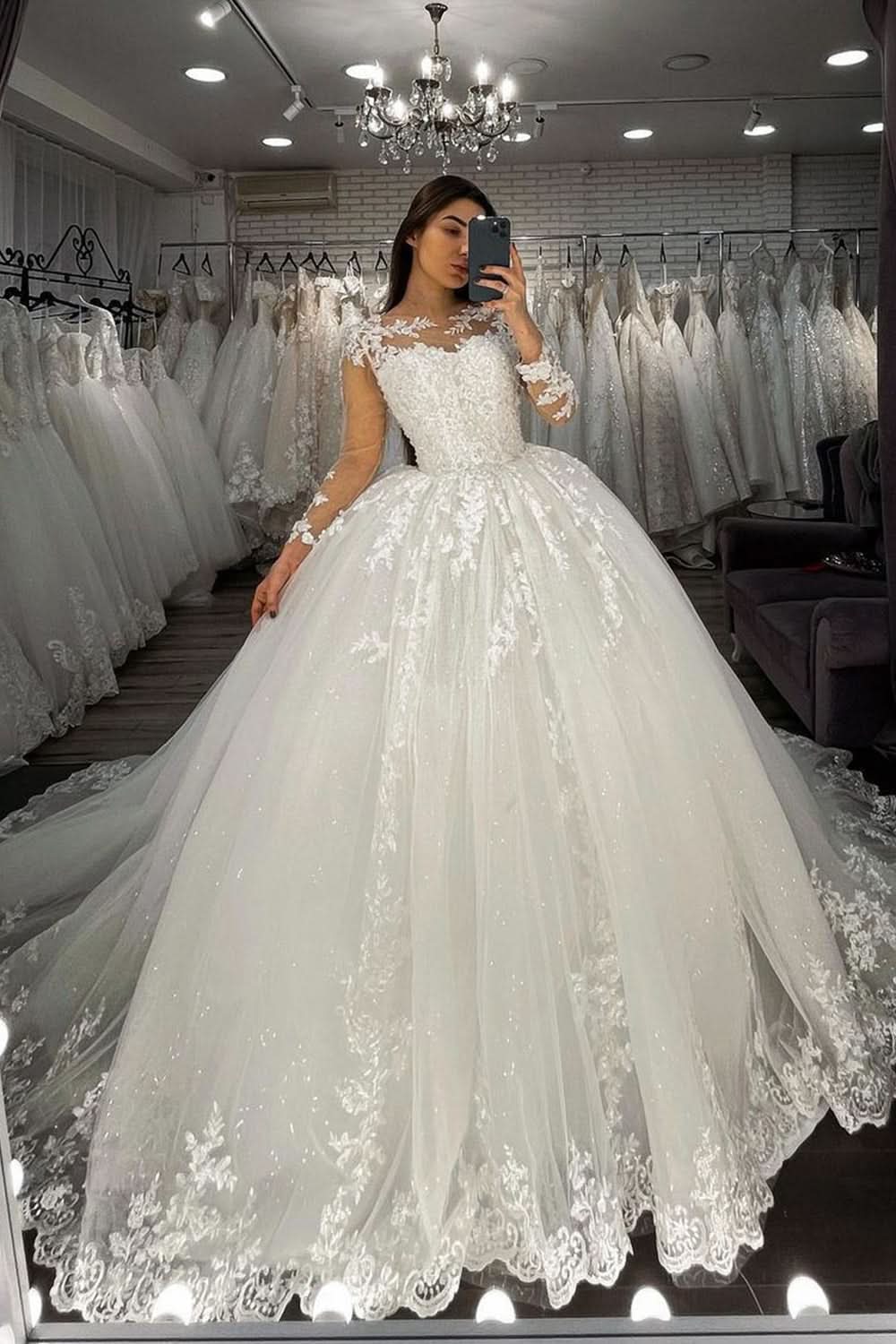 Sheer Tulle Ball Gown Wedding Dress With Long Sleeves Appliques BM bride