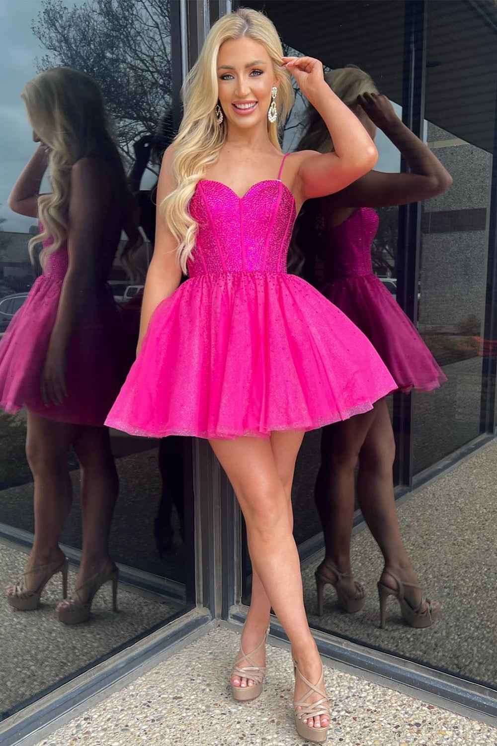 Sparkly Fuchsia Beaded Corset A-Line Short Tulle Homecoming Dress Bmbride