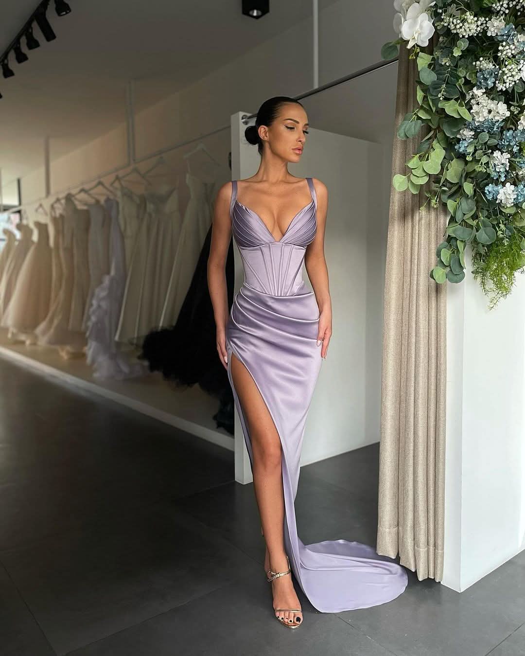 Blushing Pink Pleated V-Neck Prom Dress with High Slit BM bride