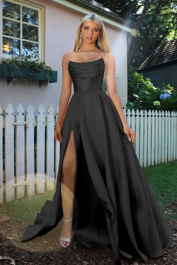 Strapless Sleeveless A Line Long Prom Dress With Split Pleated BMBRIDE