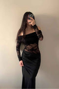 Off The Shoulder Long Sleeves Long Mermaid Prom Dress With Lace