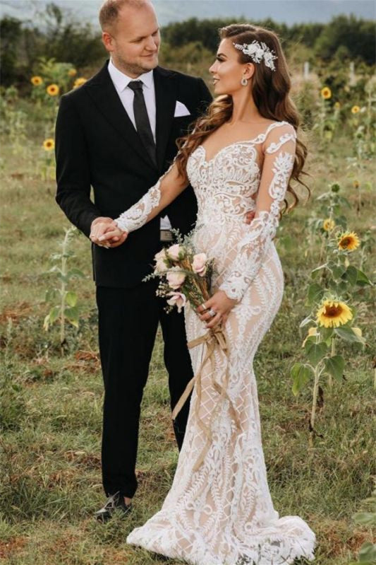 Illusion Long Sleeve Mermaid Lace Wedding Dress Online BM bride